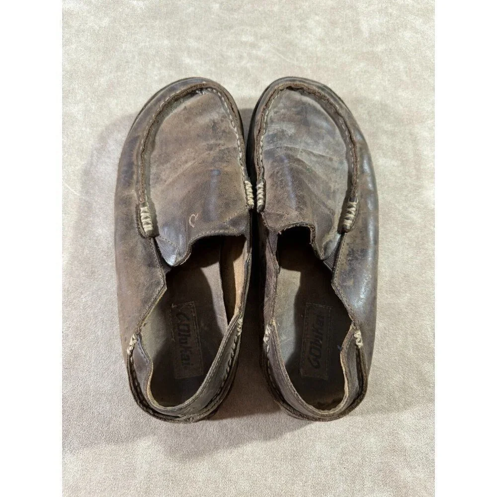 Olukai Moloa Mens Slip On Casual Shoes Moc‎ Toe Rubber Sole Brown Leather US 8.5